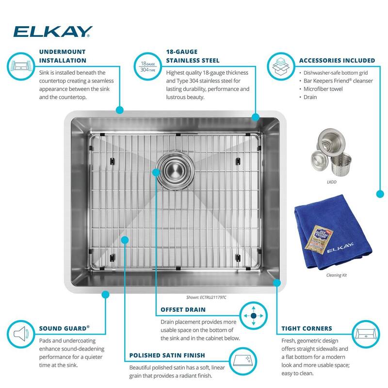 Elkay Crosstown 18 Gauge Stainless Steel 22-1/2" x 18-1/2" x 9", Single Bowl Undermount Sink Kit