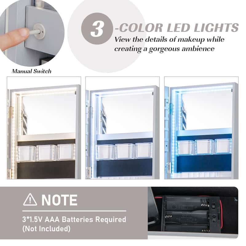 Gymax Rotating Mirrored Jewelry Cabinet Armoire 3 Color LED Modes