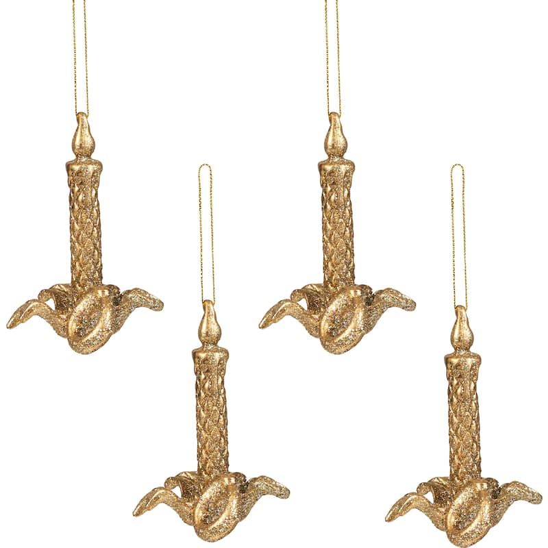 Glitter Drenched Candlestick Christmas Ornaments - 4" - Gold - Set of 4