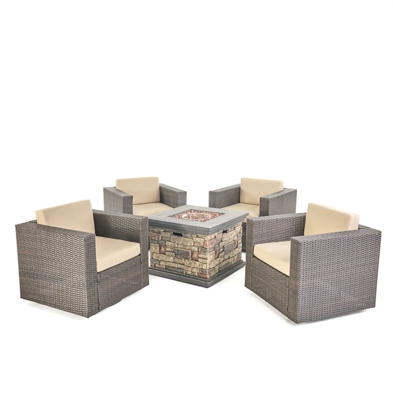 Puerta Outdoor 5-piece Wicker Chair and Square Stone Firepit Set by Christopher Knight Home