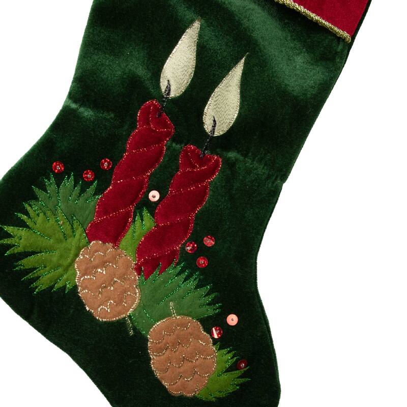 20" Dark Green Burgundy Candle Pine Cone Velveteen Christmas Stocking