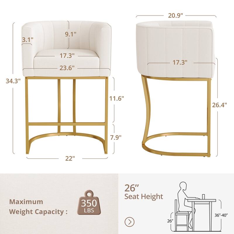 LUE BONA Modern 26.in Low Back Barstool Counter Height Stool Upholstered/PU Leather Barrel Bar Stools with Metal Frame