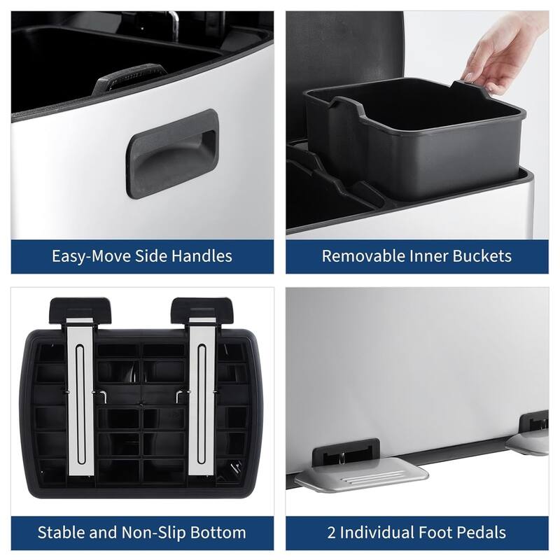 16-Gallon Dual Compartment Kitchen Recycling Station with Soft-Close Lids and Removable Buckets Black