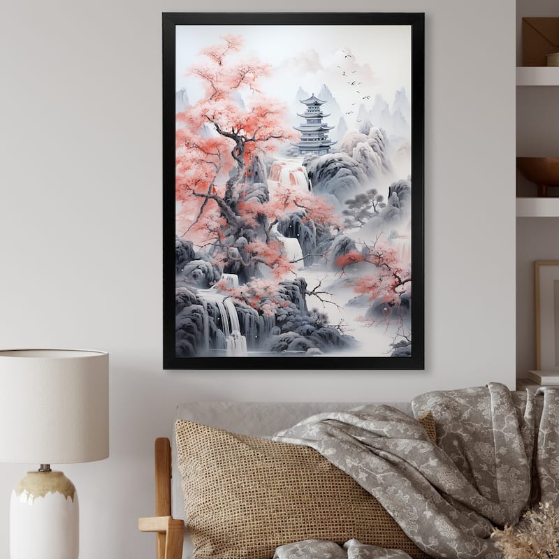Designart "Minimalism Asian Pink Landscape" Asian Art Framed Wall Art Living Room - 24 in. wide x 32 in. high - Black