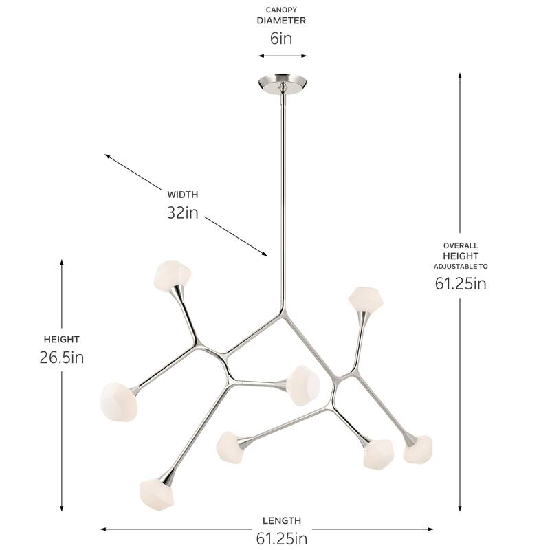 Cassius 61.25 Inch 8 Light Convertible Chandelier with Opal Glass in Polished Nickel