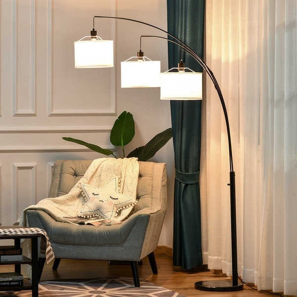 Homcom Arc Floor Lamp with 3 Hanging Drum Shape Lampshade Flexible Steel Pole and Marble Round Base Black White