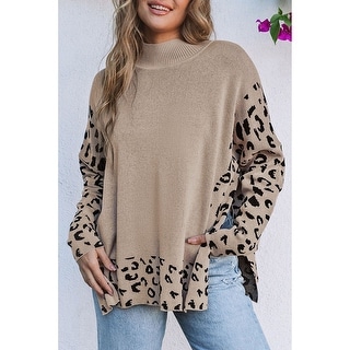 Khaki Leopard High Neck Side Slit Oversized Sweater