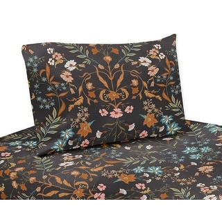 Sweet Jojo Designs Boho Wildflower Vintage Floral Girl 4p Queen Sheet Set Black Orange Teal Bohemian Farmhouse Cottagecore Leaf