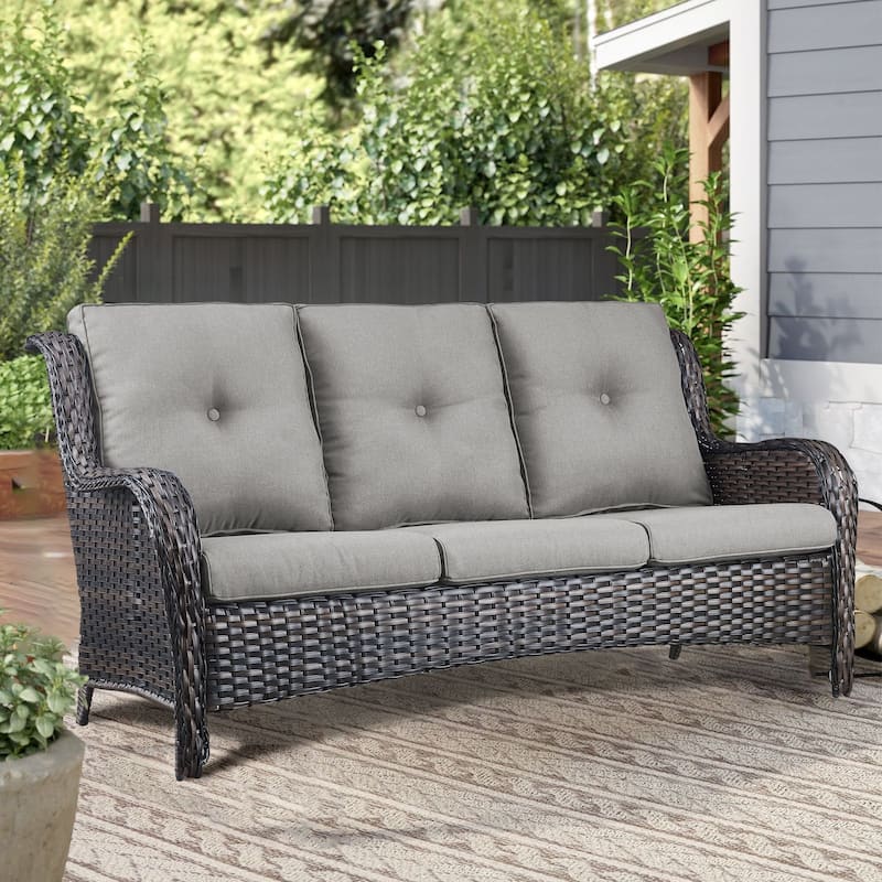3-Seat Patio Wicker Sofa Outdoor Rattan Sofa - Grey - Brown