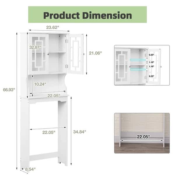 EROMMY Bathroom Organizer Over-The-Toilet Storage, Wooden Unit with 2 Glass Doors & Adjustable Shelf for Bathroom Use