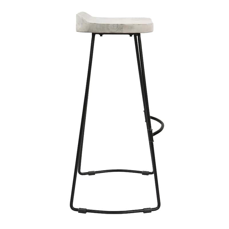 Tiva 30 Inch Handcrafted Backless Barstool, Whitewashed Mango Wood Saddle Seat, Black Metal Base