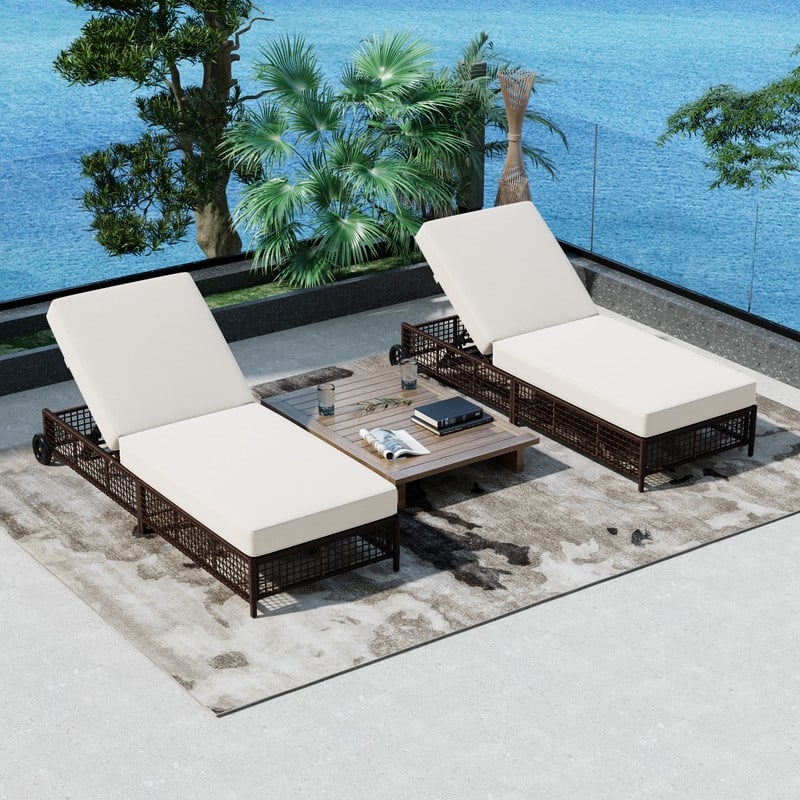 Outdoor Patio Rattan Chaise Lounge Chair with 5-Position Adjustable Backrest & Wheels - Brown-Set of 2