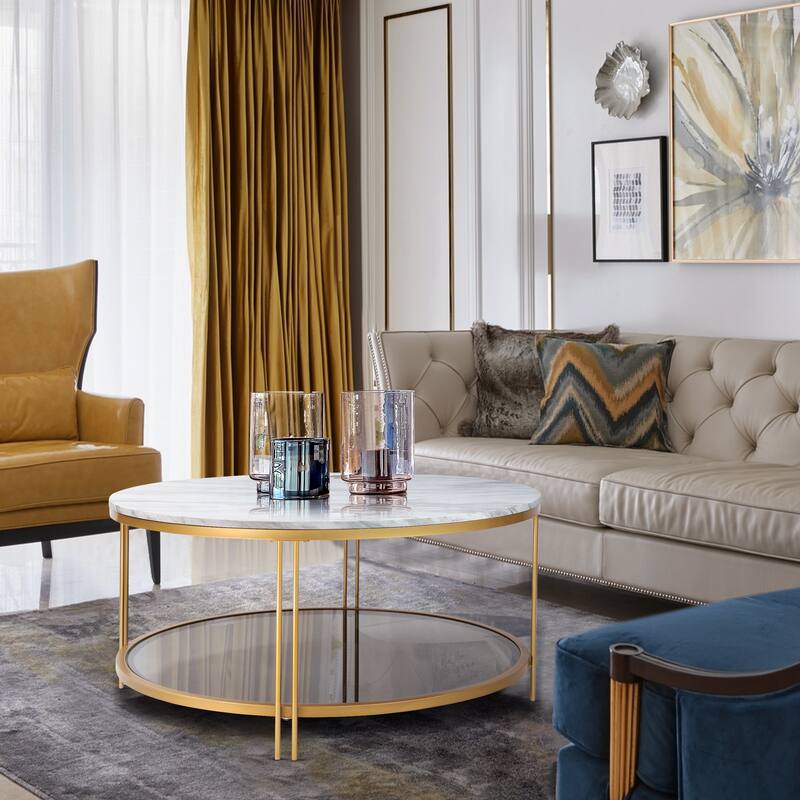 Modern Glam 36" Round Modern Cocktail Glass Coffee Table Storage Shelf with 4 Gold Cross Legs Faux Marble Veneer