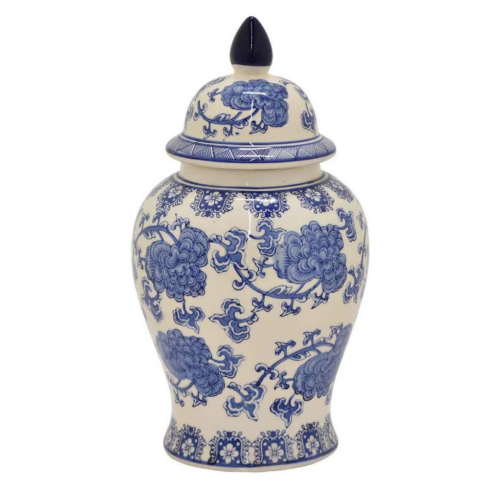 18 Inch Temple Ginger Jar, Ceramic White and Blue Floral Print with Lid
