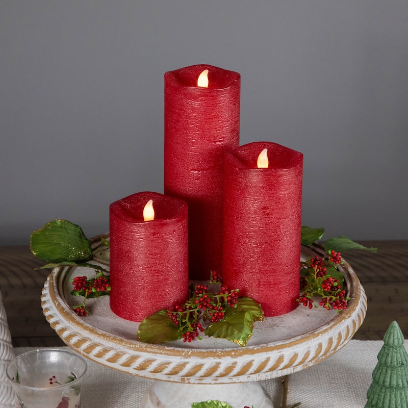 LED Flickering Flameless Textured Wax Pillar Candles - 8" - Red - Set of 3