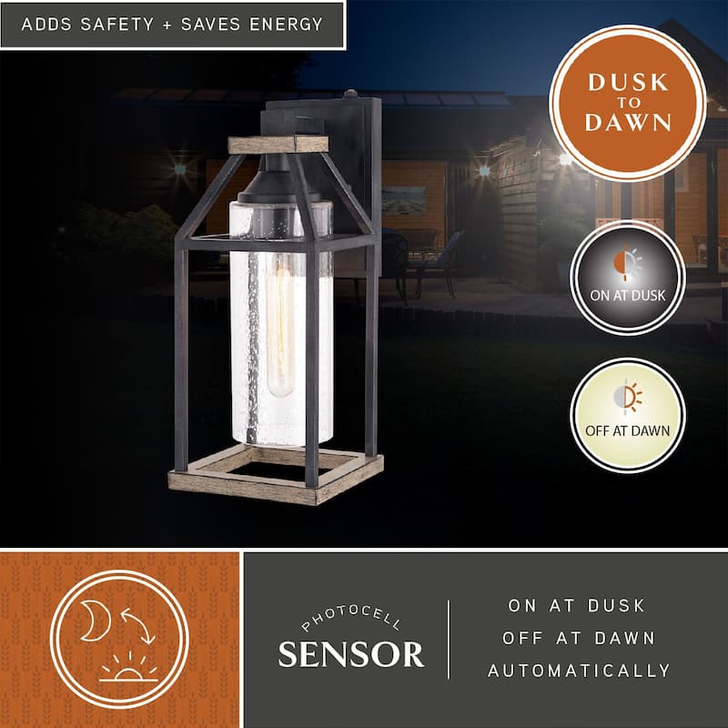 Napier 6.25-in Black Outdoor Farmhouse Wall Lantern, Dusk to Dawn Photocell, Clear Seeded Glass - 6.25-in W x 15-in H x 7.5-in D