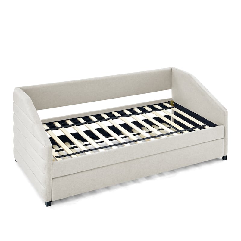 Linen Fabric Upholstered Daybed with Pull-Out Trundle or Storage Drawers, Tufted Sofa Bed Frame with Wood Slat Support