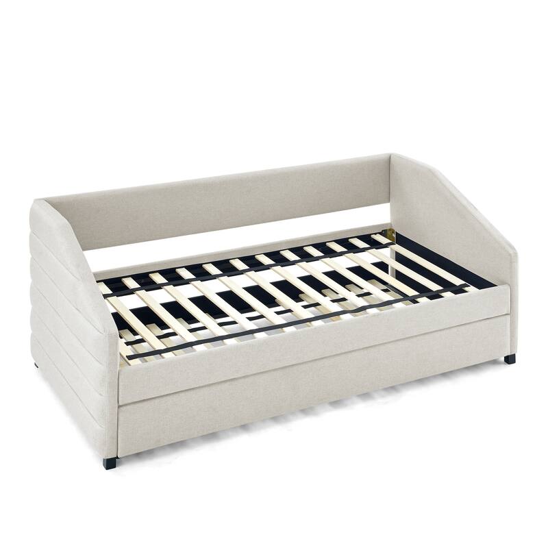Twin/Full Size Upholstered Daybed with Twin Size Trundle, Linen Fabric Tufted Sofa Bed Daybed Frame with Wood Slats Support