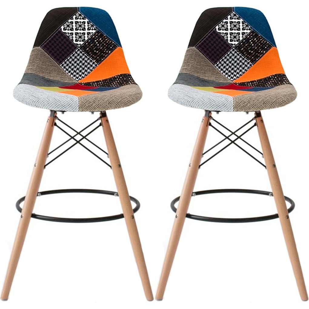 Set of 2, Mid Century Modern Patchwork Upholstered Bar Stool with Curved Seat, Solid Wood Legs and Footrest for Kitchen