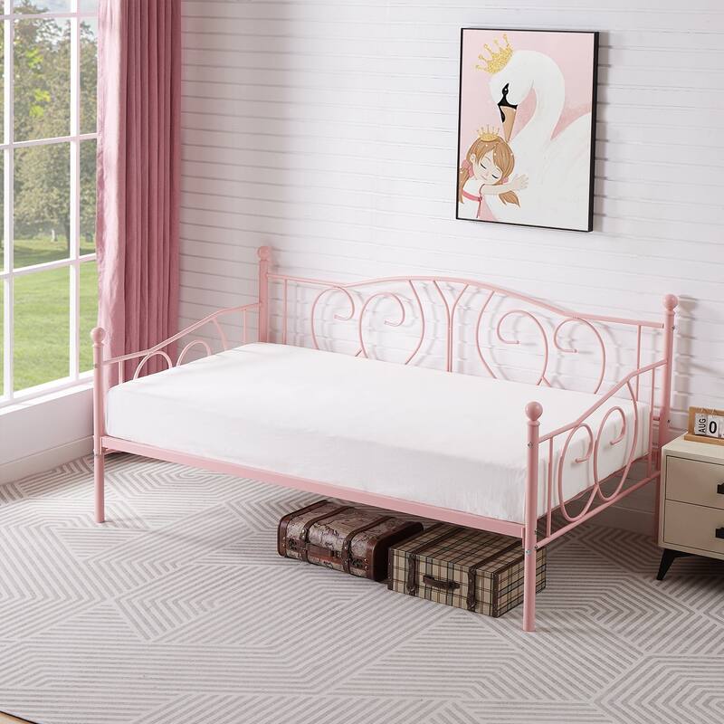 Javlergo Twin Metal Daybed Frame with Slats, Classic Mattress Foundation, No Box Spring Needed - Pink