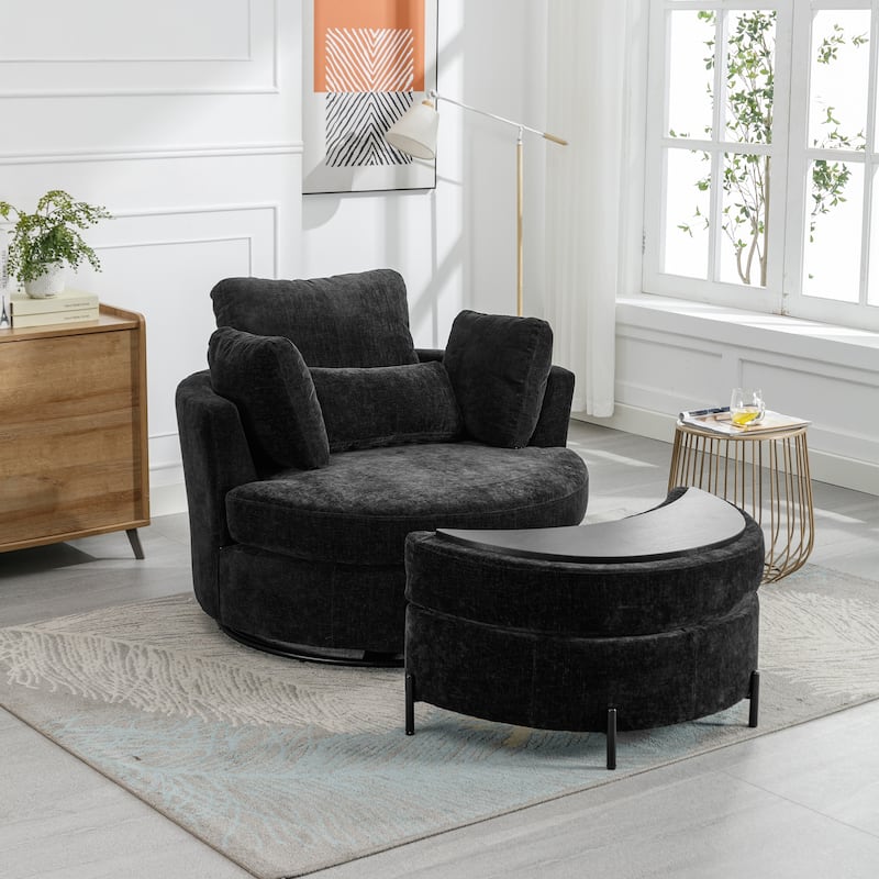 42.2"W Swivel Accent Barrel Chair with Half Crescent Moon Storage Bench