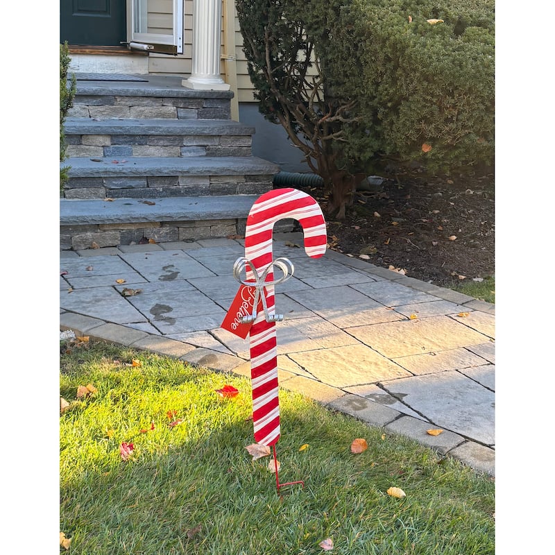 36" Tin Candy Cane Stake - Multicolor