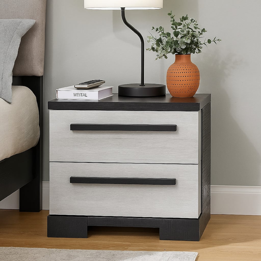 Ruthe Nightstand with 2 Drawers, Wide Top, Ebony Black, White Wood