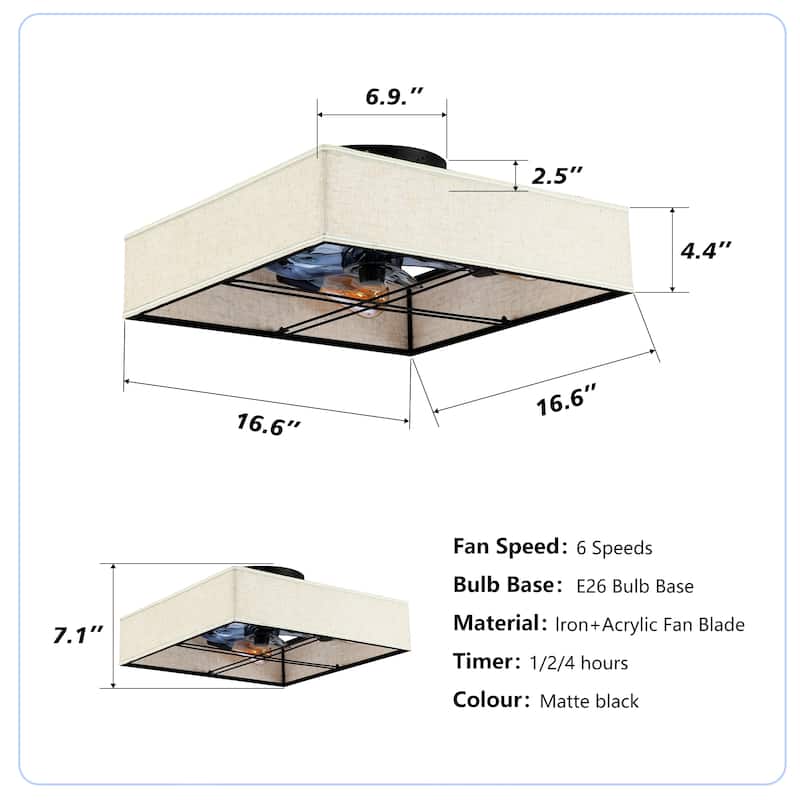 16.6" Square Fabric Farmhouse Flush Mount Ceiling Fan