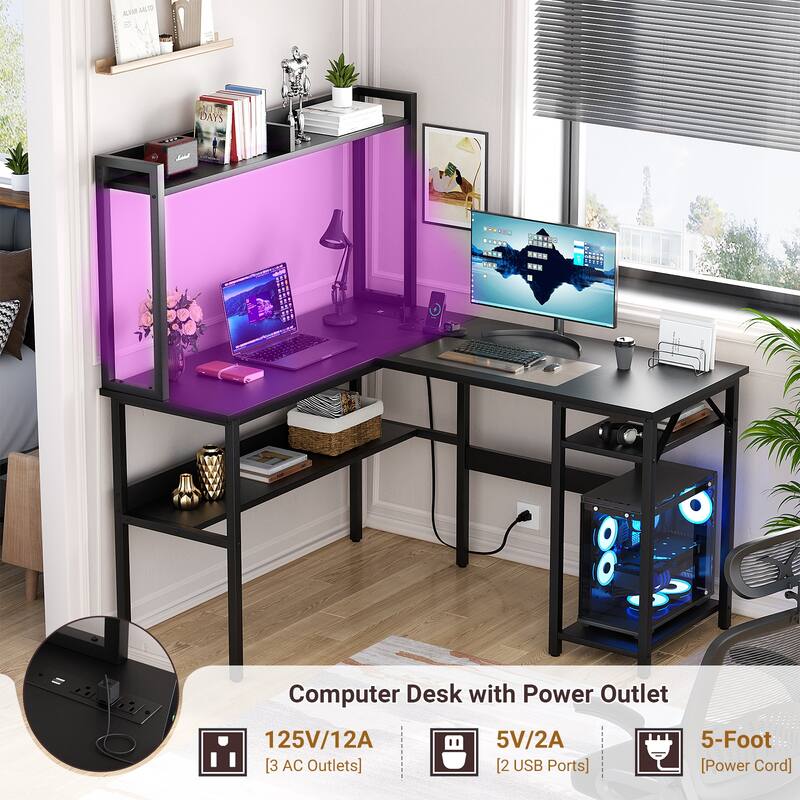 Modern Farmhouse L Shaped Computer Desk with Hutch and Storage Shelves, Corner Gaming Table with LED Lights