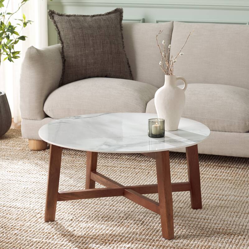 SAFAVIEH Home Samie Coffee Table - 32"W x 32"D x 32"H - White Ceramic Faux Marble