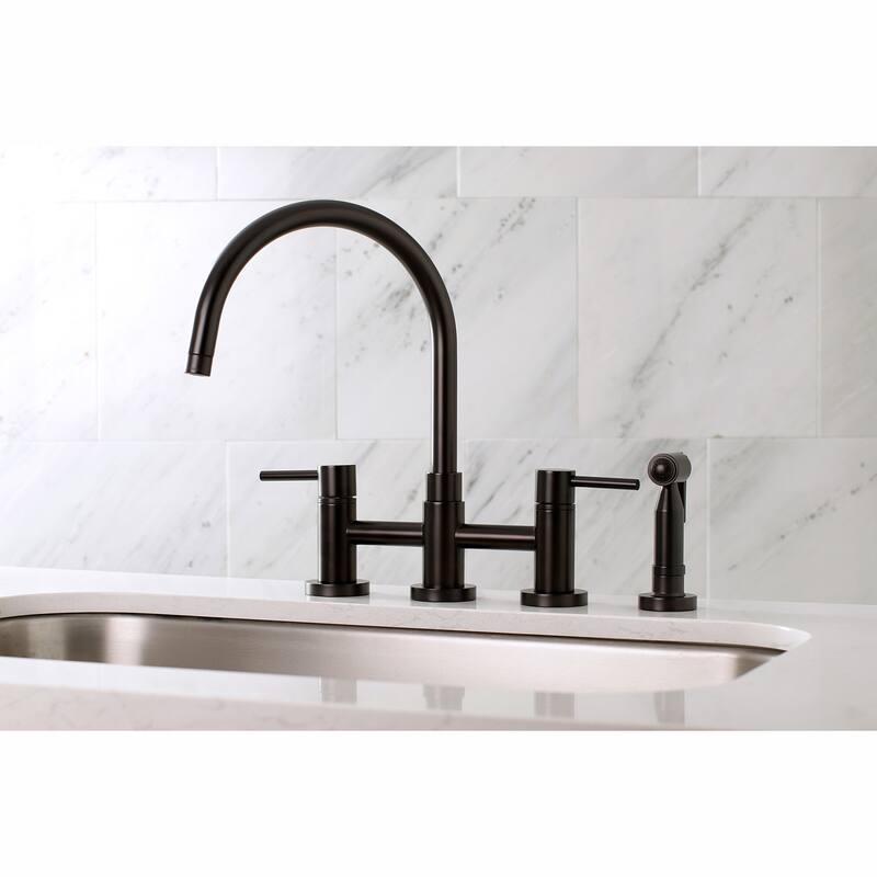 Kingston Brass Concord Two-Handle Gooseneck Bridge Kitchen Faucet with Brass Sprayer