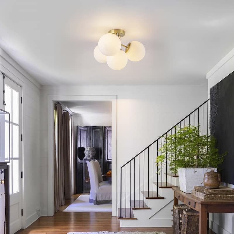 Modern 4-Light Flush Mount Ceiling Light with Opal Glass Globe Shades - Brass - 17.72-in W x 11.02-in H