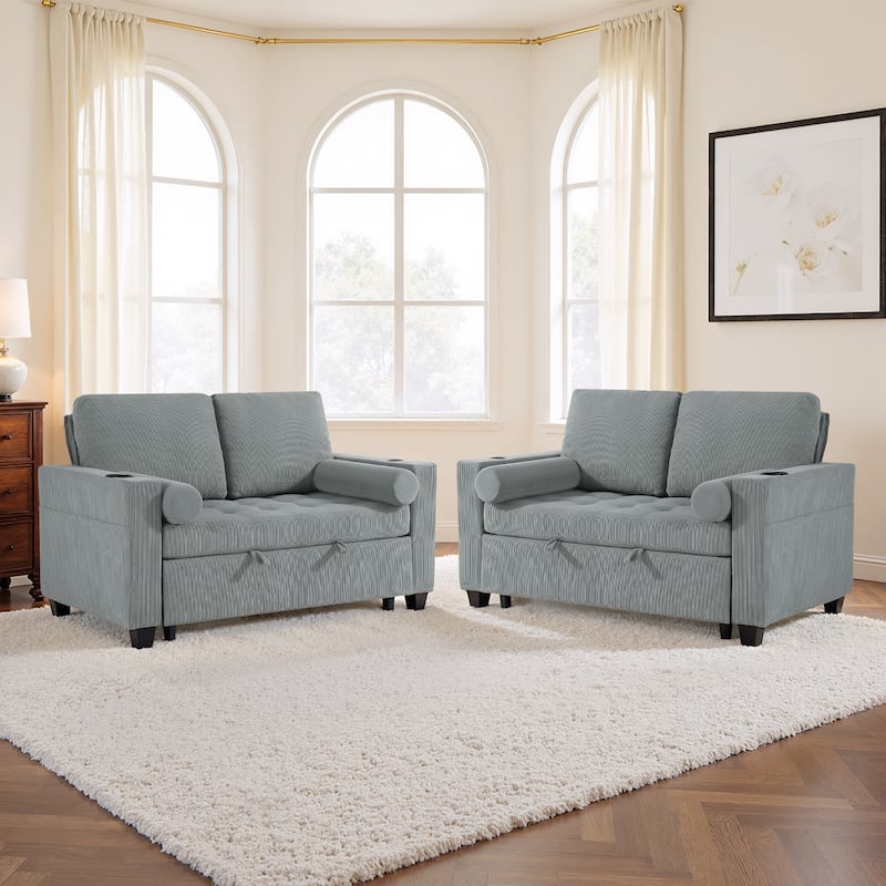 2 Set Corduroy Convertible Sleeper Sofa Bed Loveseats with Cup Holder, USB Ports & Storage