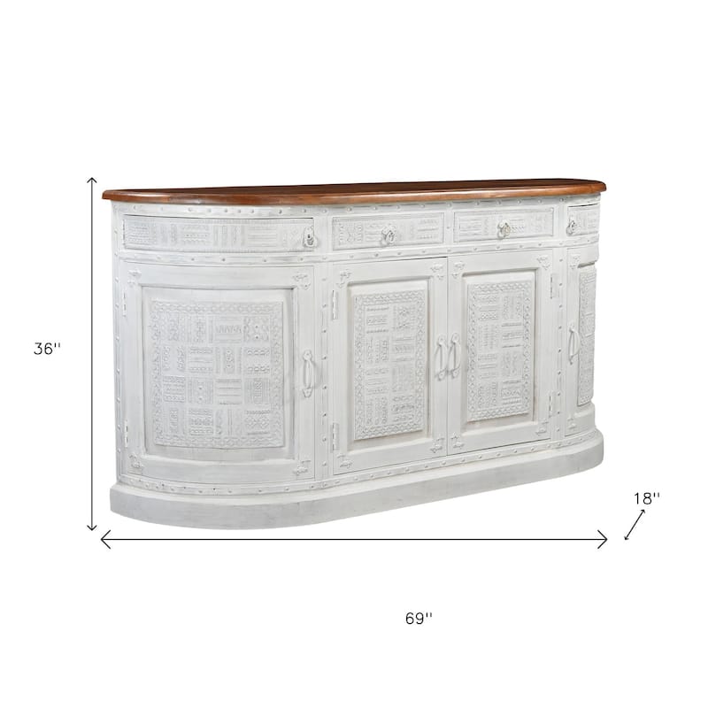HomeRoots 69" White And Brown Solid Wood Carved Geometric Four Drawer Four Door Sideboard - 69.00 in. x 36.00 in. x 18.00 in.
