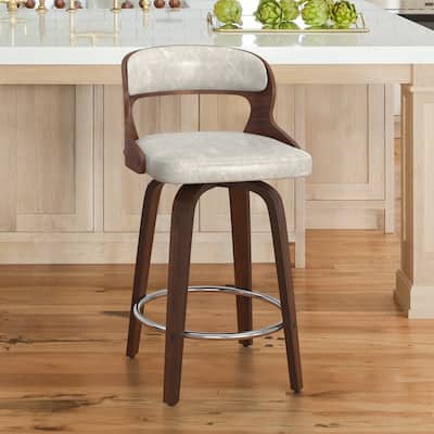 26.in Modern Leather Bar Stool Swivel Upholstered Hollow Back Counter Height Barstool with Wood Frame