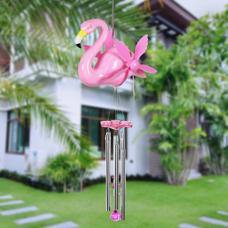 Exhart Large WindyWings Whirligig Pink Flamingo Spinning Wind Chime, 11 by 24 Inch