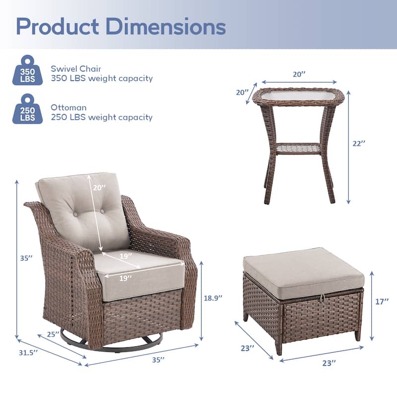 3 Pieces Swivel Chairs Ottomans with Table - Beige Cushion - Brown