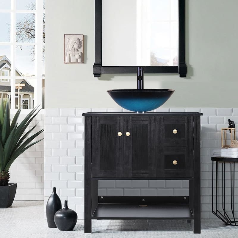 31.5" Bathroom Vanity Cabinet Set Organizer Top Vessel Sink Faucet Drain Hose Combo Free-standing - turquoise square sink