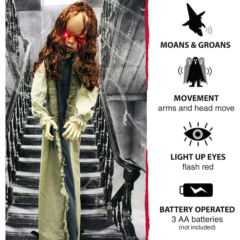 Haunted Hill Farm 5-Ft. Animatronic Zombie, Indoor/Outdoor Halloween Decoration, Flashing Red Eyes, Poseable, Battery-Operated