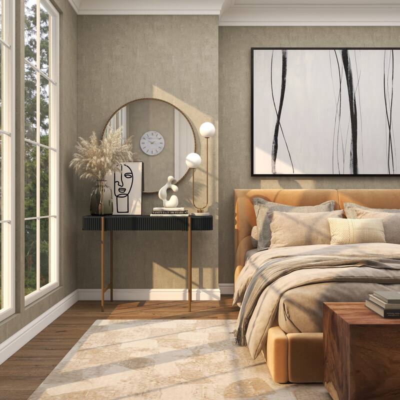 Black Wooden Rounded Rectangular Ribbed Living Room Console Table with Gold Metal Legs