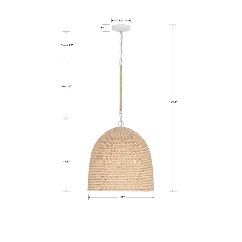 Jasper 3 Light Matte White & Natural Wood Pendant - 16"W x 17.5"H