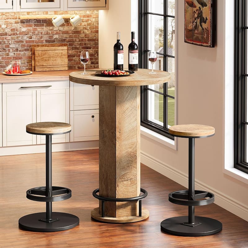 Industrial Round Bar Table with 2 barstools, Pub Table for Kitchen Nook, Apartment, Small Space - Natural