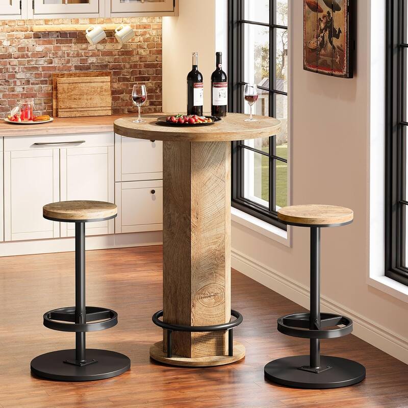 Round Bar Table Set, Farmhouse Home Bar with 2 barstools, Pub Cocktail Table with Metal Ring Footrest