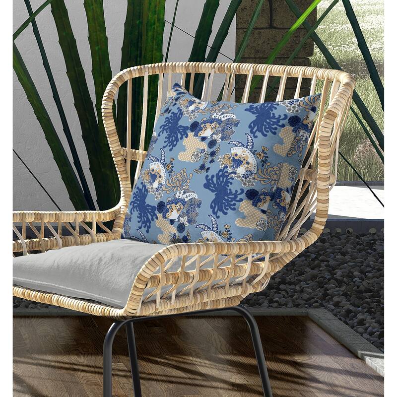 Checkered Waves Indoor/Outdoor Reversible Throw Pillow Blue and Peach