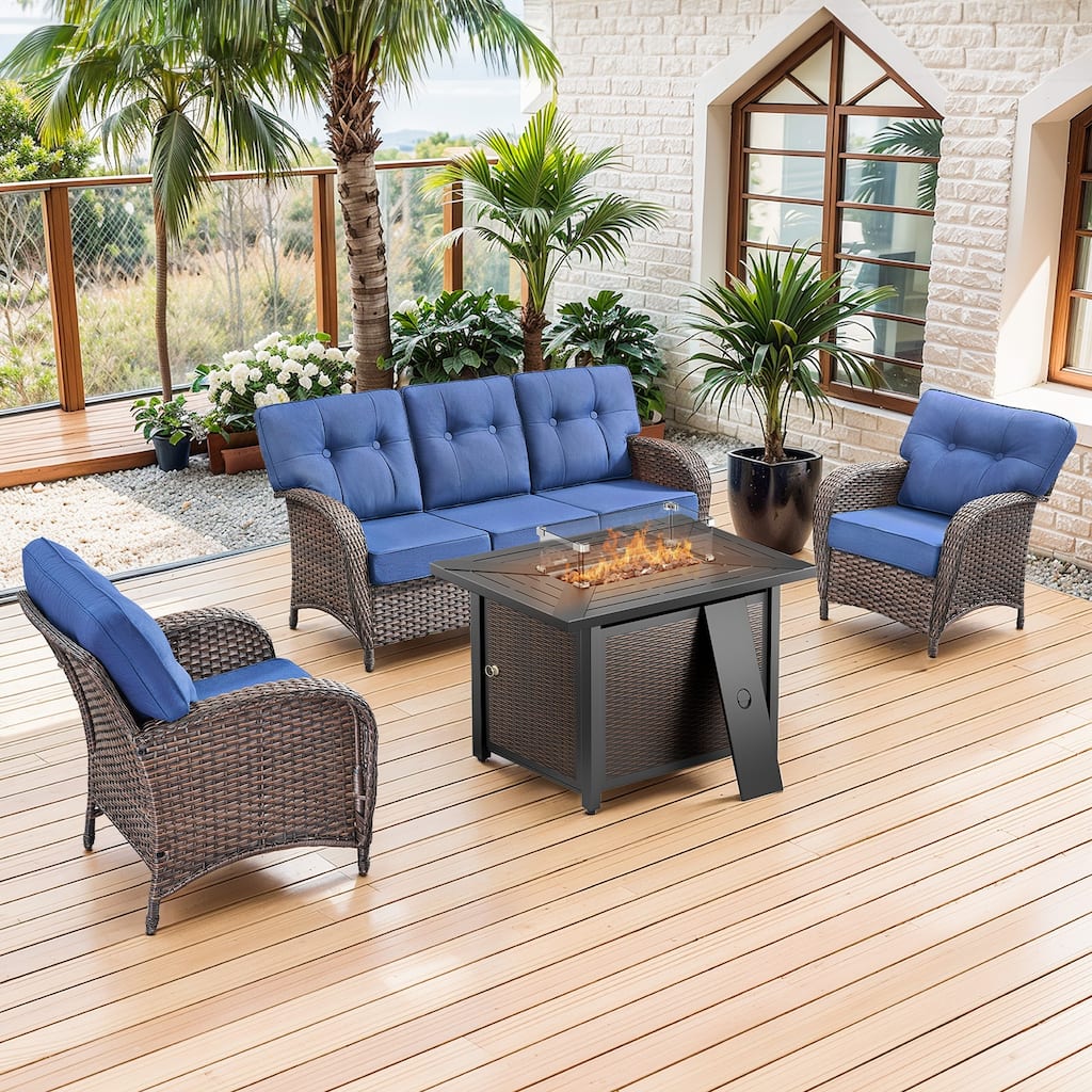 Pocassy Outdoor 43 In Fire Table with Sofa Patio Chair Set