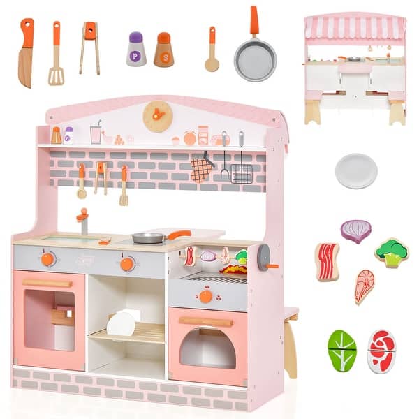 slide 2 of 6, 2 in 1 Kids Play Kitchen & Restaurant Double-Sided Pretend Playset Pink