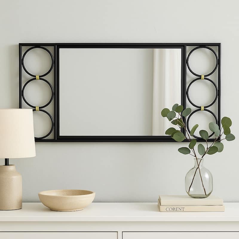 Reeve Wall Mounted Mirror with Round Accents, 20 x 39, Black Metal