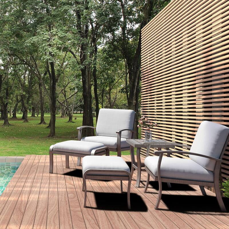 5-Piece Aluminum Patio Conversation Set with End Table, Ottoman and Light Gray Cushions