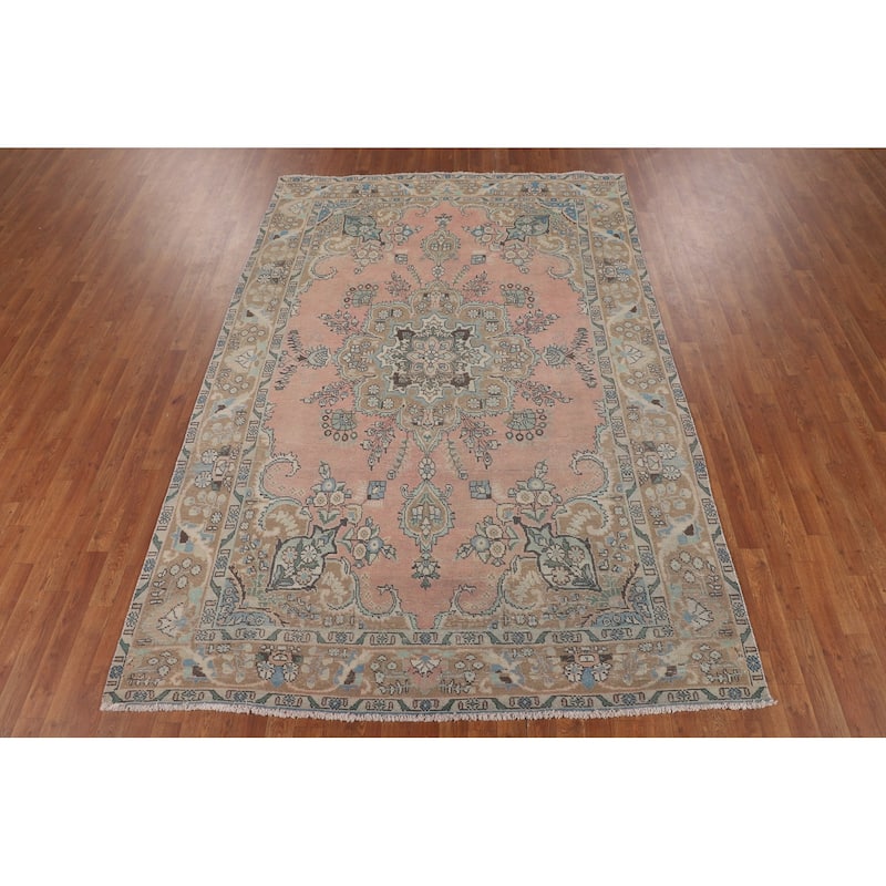 Distressed Pink Tabriz Persian Vintage Area Rug Handmade Wool Carpet - 6'6"x 9'8"