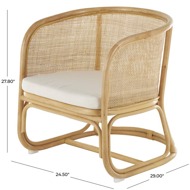 Light Brown Rattan Woven Rounded Living Room Accent Chair with White Fabric Cushion